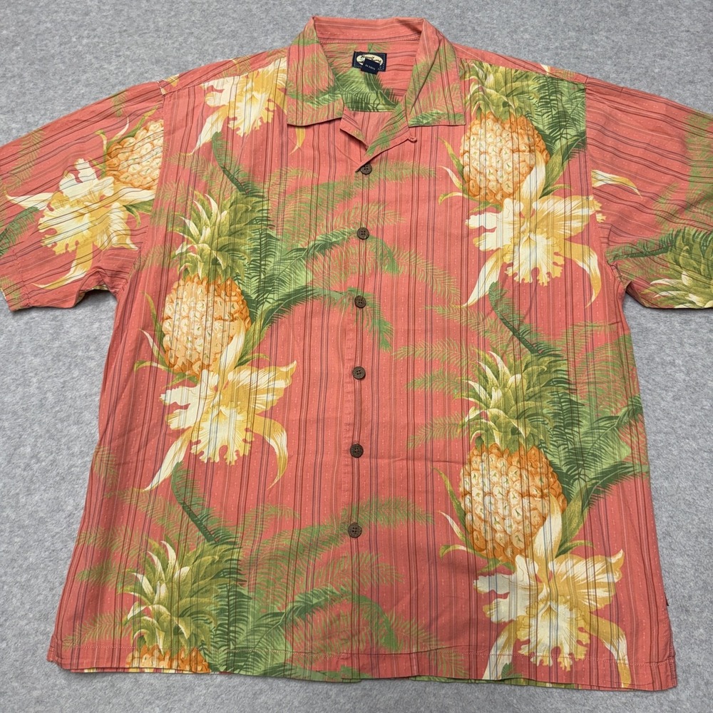 Tommy Bahama Shirt Mens XL Orange Pineapple Cotton Hawaiian Tropical Loop Collar